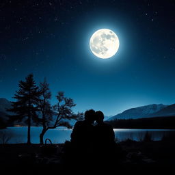 A serene night scene with a starry sky, a bright full moon illuminating a tranquil landscape which includes gently swaying trees and a shimmering lake reflecting the moonlight