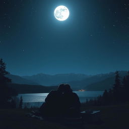 A serene night scene with a starry sky, a bright full moon illuminating a tranquil landscape which includes gently swaying trees and a shimmering lake reflecting the moonlight