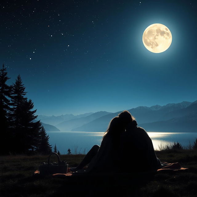 A serene night scene with a starry sky, a bright full moon illuminating a tranquil landscape which includes gently swaying trees and a shimmering lake reflecting the moonlight