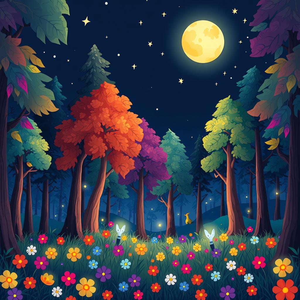 A whimsical cartoon-style forest scene at night, filled with vibrant colors and exaggerated shapes