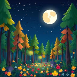 A whimsical cartoon-style forest scene at night, filled with vibrant colors and exaggerated shapes