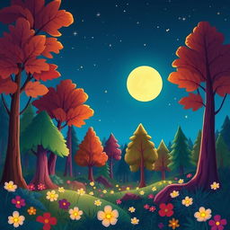 A whimsical cartoon-style forest scene at night, filled with vibrant colors and exaggerated shapes