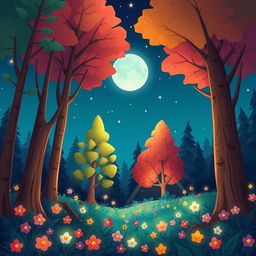 A whimsical cartoon-style forest scene at night, filled with vibrant colors and exaggerated shapes