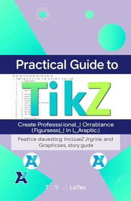 A detailed, visually appealing cover design for a technical guide titled 'Practical Guide to TikZ: Create Professional Figures and Graphs in LaTeX'