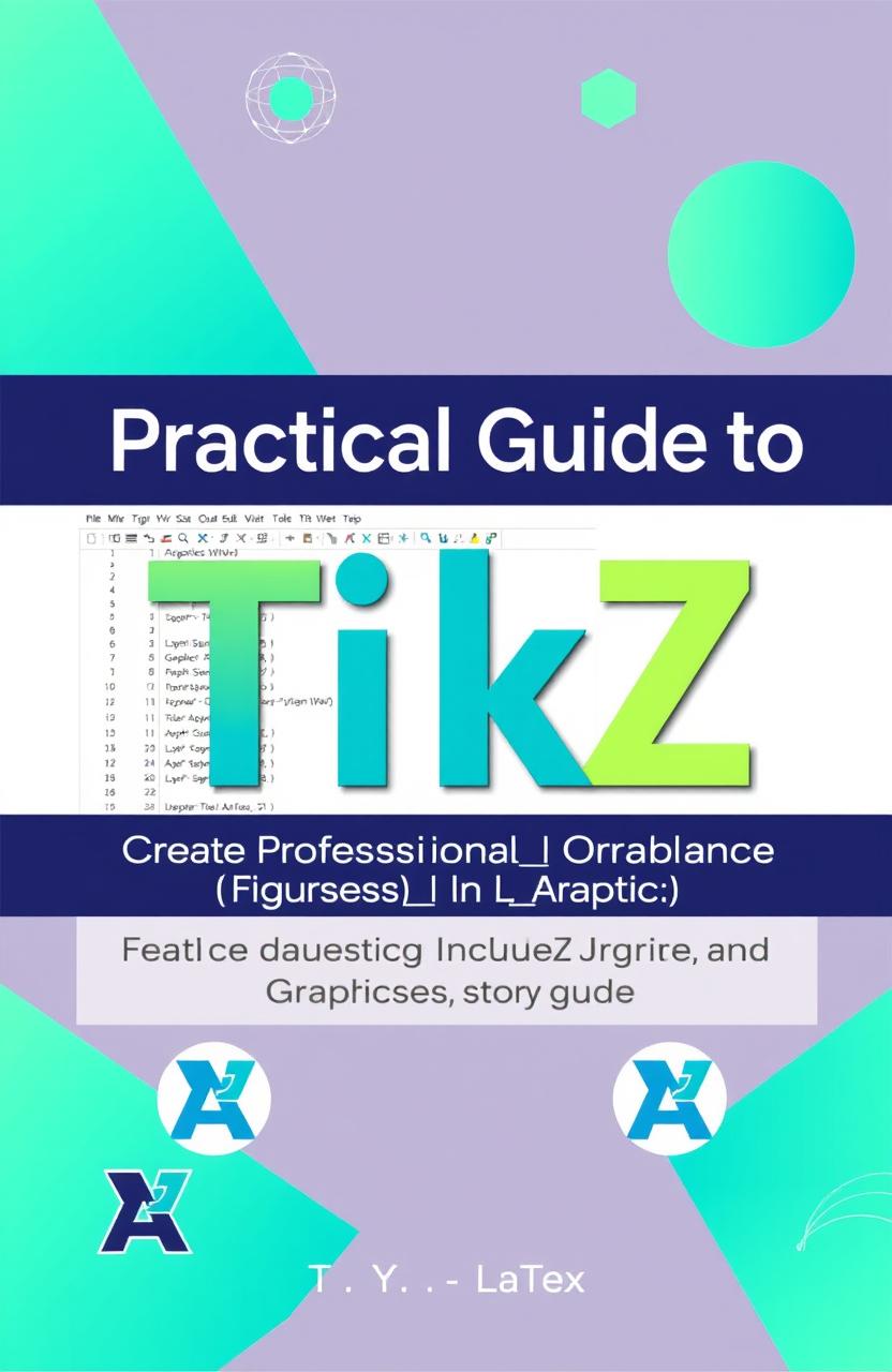 A detailed, visually appealing cover design for a technical guide titled 'Practical Guide to TikZ: Create Professional Figures and Graphs in LaTeX'