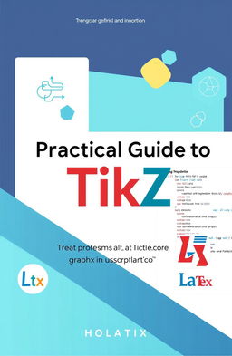 A detailed, visually appealing cover design for a technical guide titled 'Practical Guide to TikZ: Create Professional Figures and Graphs in LaTeX'