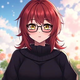 A cute hot anime girl with short red hair and yellow eyes, wearing glasses that enhance her smug personality