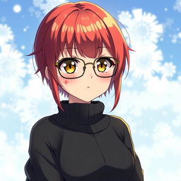 A cute hot anime girl with short red hair and yellow eyes, wearing glasses that enhance her smug personality