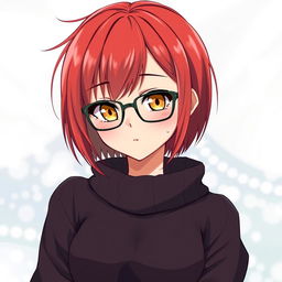 A cute hot anime girl with short red hair and yellow eyes, wearing glasses that enhance her smug personality