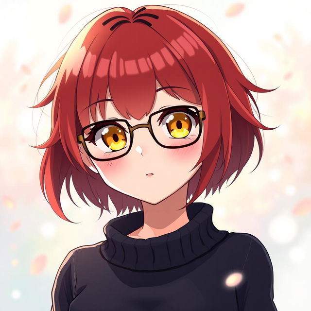 A cute hot anime girl with short red hair and yellow eyes, wearing glasses that enhance her smug personality