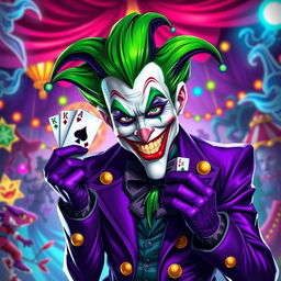 A stylized portrait of a jester inspired by the Joker, featuring bright green hair, a mischievous grin, and colorful makeup