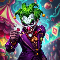 A stylized portrait of a jester inspired by the Joker, featuring bright green hair, a mischievous grin, and colorful makeup