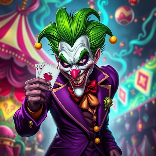 A stylized portrait of a jester inspired by the Joker, featuring bright green hair, a mischievous grin, and colorful makeup