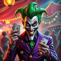 A stylized portrait of a jester inspired by the Joker, featuring bright green hair, a mischievous grin, and colorful makeup