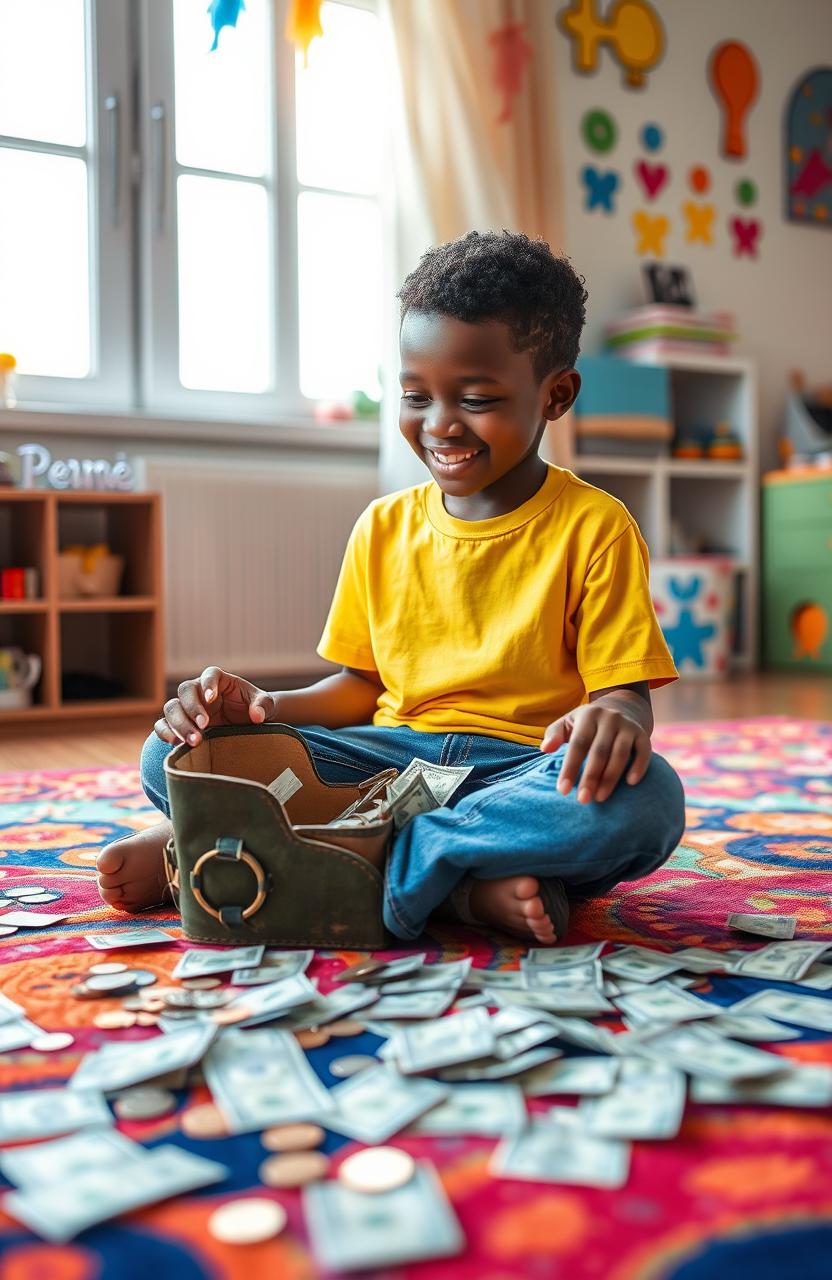 A young Black boy with a joyful expression, sitting cross-legged on a colorful rug, surrounded by scattered dollar bills and coins, looking curiously at an open shoebox filled with more money