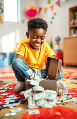 A young Black boy with a joyful expression, sitting cross-legged on a colorful rug, surrounded by scattered dollar bills and coins, looking curiously at an open shoebox filled with more money