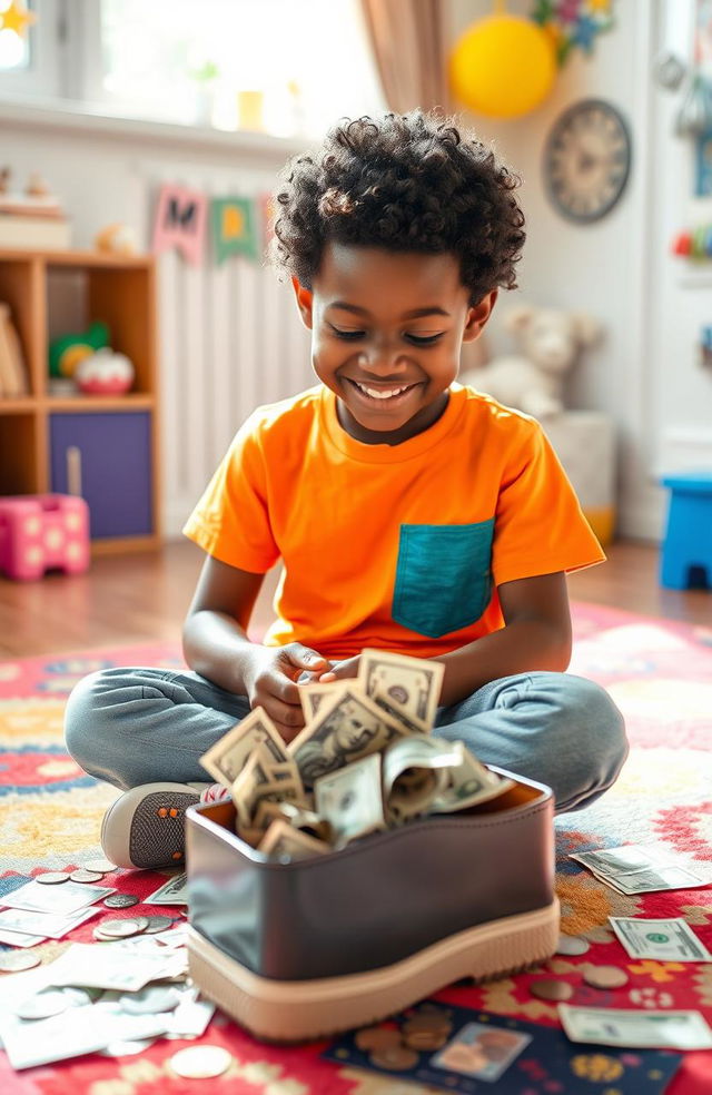 A young Black boy with a joyful expression, sitting cross-legged on a colorful rug, surrounded by scattered dollar bills and coins, looking curiously at an open shoebox filled with more money