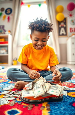 A young Black boy with a joyful expression, sitting cross-legged on a colorful rug, surrounded by scattered dollar bills and coins, looking curiously at an open shoebox filled with more money