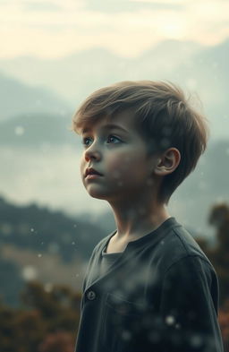 A fantastical scene portraying a young boy gradually fading away, with ethereal wisps of light and shadows dispersing around him, symbolizing his slow disappearance from time and reality