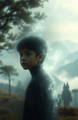 A fantastical scene portraying a young boy gradually fading away, with ethereal wisps of light and shadows dispersing around him, symbolizing his slow disappearance from time and reality