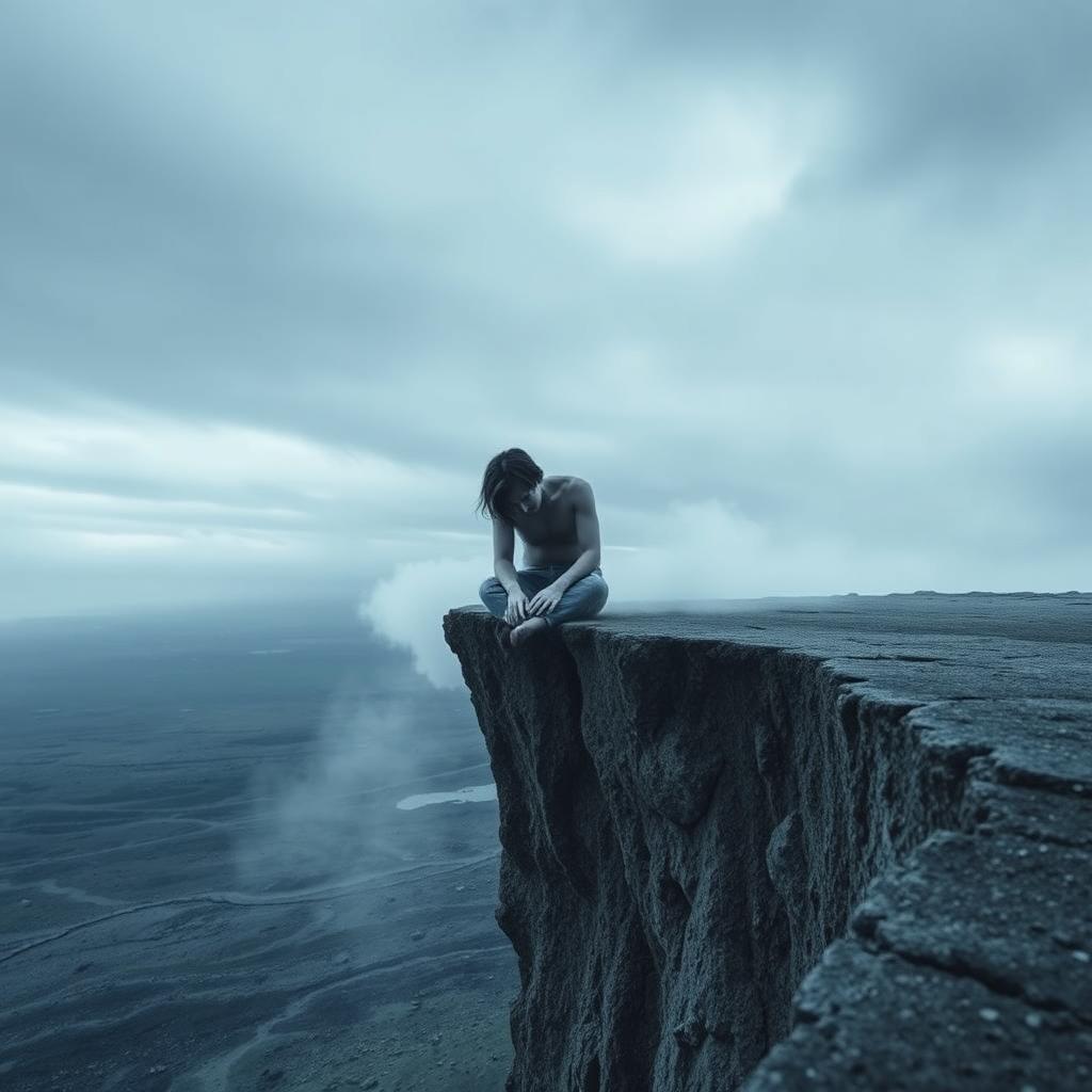 An evocative image representing the feeling of numbness, featuring a solitary figure sitting on the edge of a desolate cliff