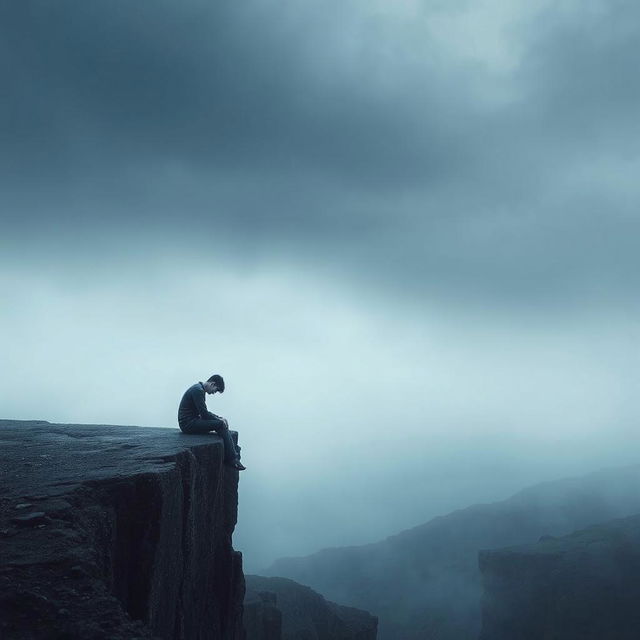 An evocative image representing the feeling of numbness, featuring a solitary figure sitting on the edge of a desolate cliff