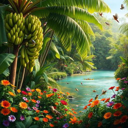 A vibrant and flourishing jungle scene filled with diverse wildlife and a variety of colorful flowers