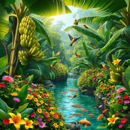 A vibrant and flourishing jungle scene filled with diverse wildlife and a variety of colorful flowers