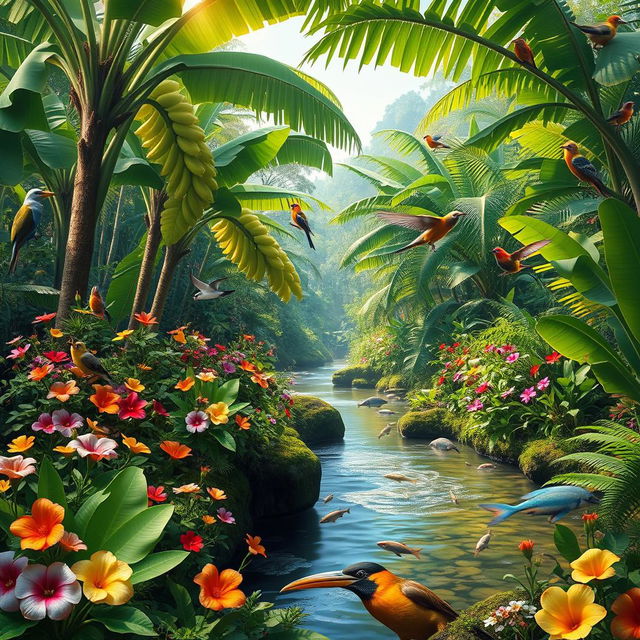 A vibrant and flourishing jungle scene filled with diverse wildlife and a variety of colorful flowers