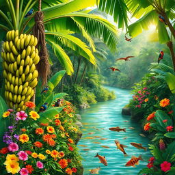 A vibrant and flourishing jungle scene filled with diverse wildlife and a variety of colorful flowers