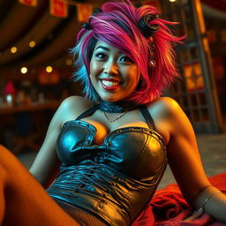 A photorealistic portrait of a very attractive 42-year-old Asian woman with very dark suntanned skin and bright multicolored hair styled dramatically