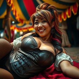 A photorealistic portrait of a very attractive 42-year-old Asian woman with very dark suntanned skin and bright multicolored hair styled dramatically
