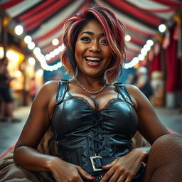 A photorealistic portrait of a very attractive 42-year-old Asian woman with very dark suntanned skin and bright multicolored hair styled dramatically