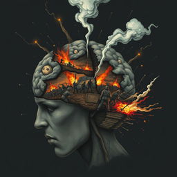 An intense and thought-provoking illustration representing the concept of 'war in the brain