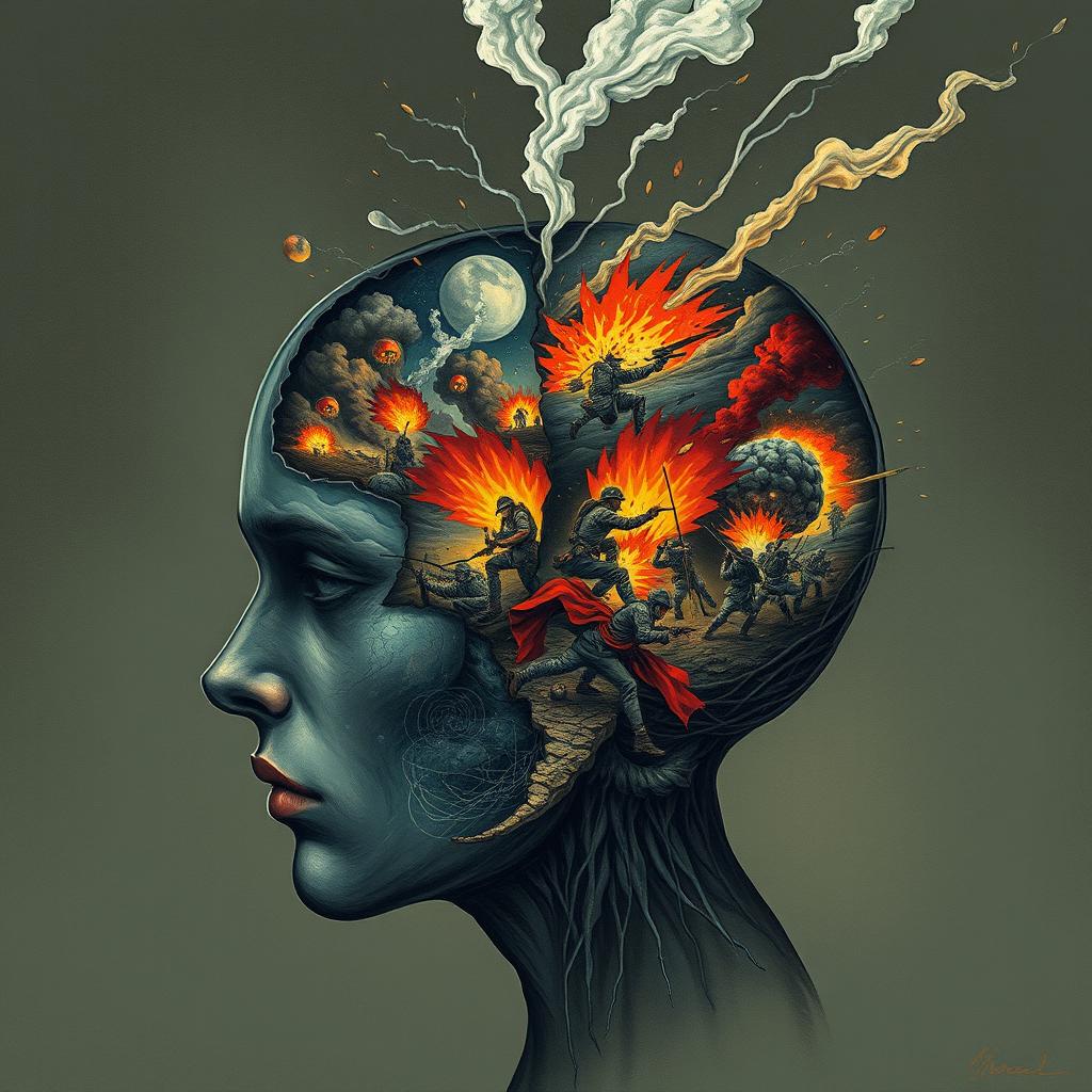 An intense and thought-provoking illustration representing the concept of 'war in the brain