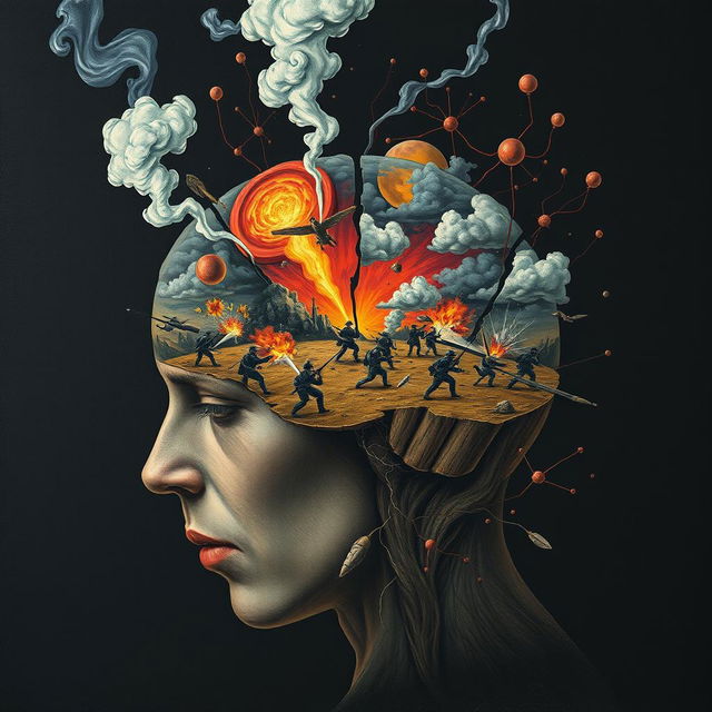 An intense and thought-provoking illustration representing the concept of 'war in the brain