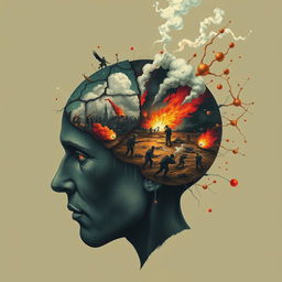 An intense and thought-provoking illustration representing the concept of 'war in the brain