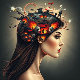 A captivating and intense illustration capturing the concept of 'war in the brain' featuring a beautiful woman