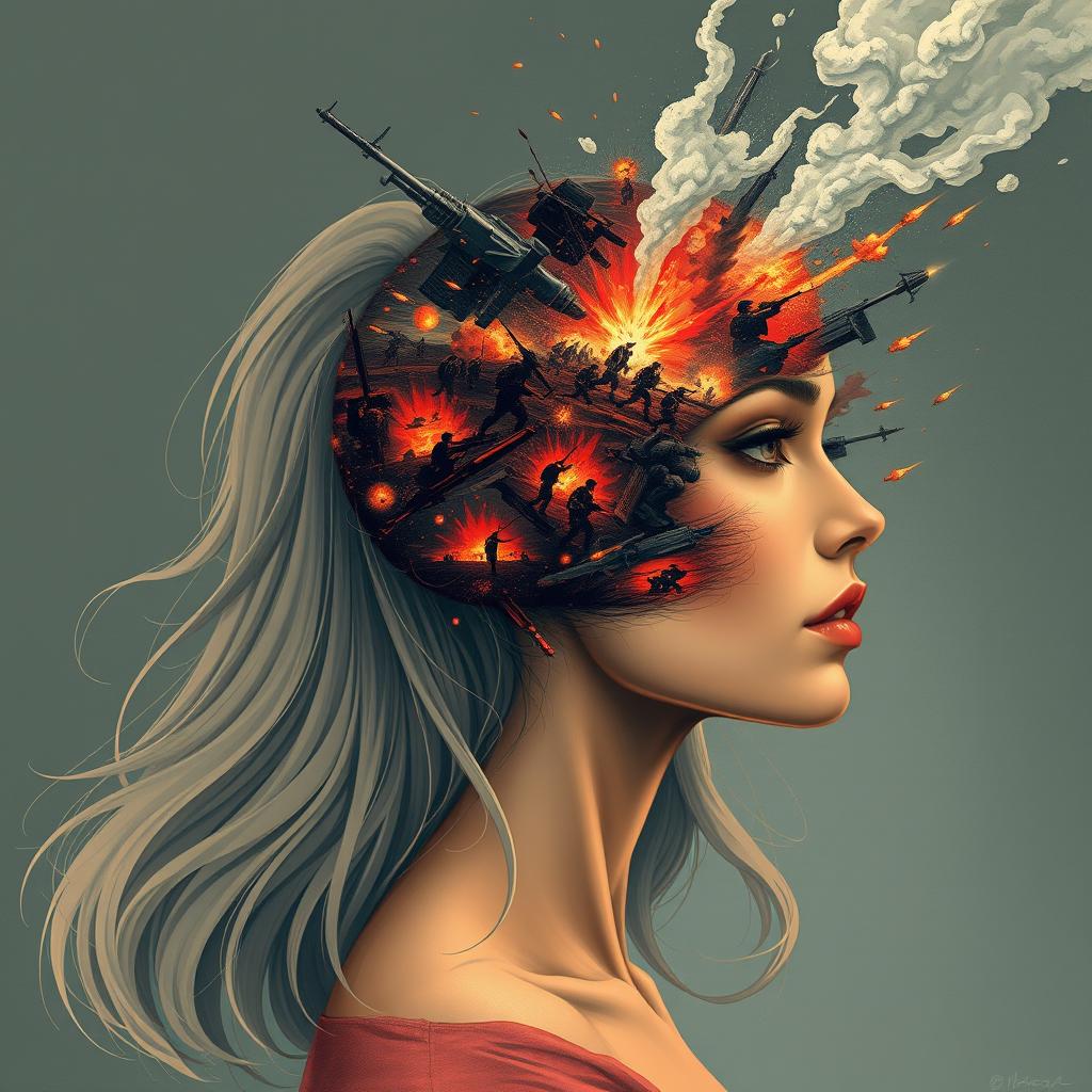 A captivating and intense illustration capturing the concept of 'war in the brain' featuring a beautiful woman