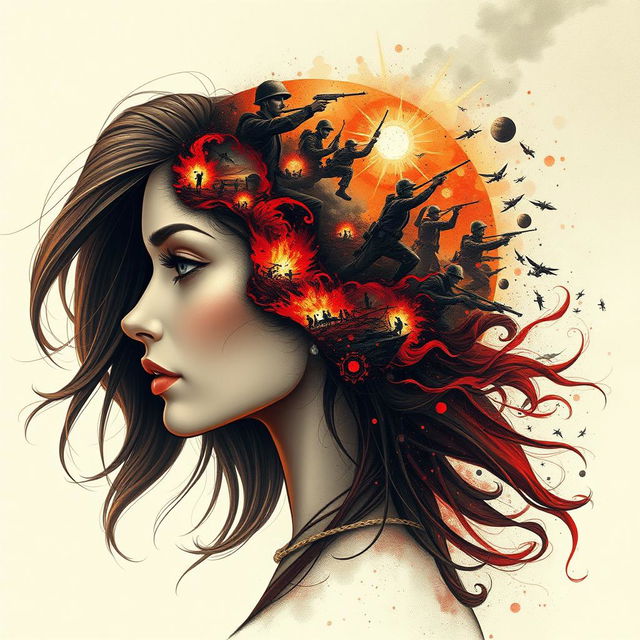 A captivating and intense illustration capturing the concept of 'war in the brain' featuring a beautiful woman