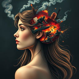 A captivating and intense illustration capturing the concept of 'war in the brain' featuring a beautiful woman