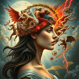 A striking and imaginative depiction of a Greek-inspired 'war of gods' taking place within the mind of a beautiful woman