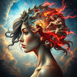 A striking and imaginative depiction of a Greek-inspired 'war of gods' taking place within the mind of a beautiful woman