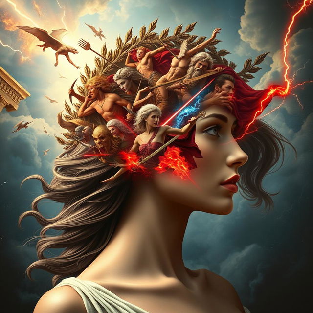 A striking and imaginative depiction of a Greek-inspired 'war of gods' taking place within the mind of a beautiful woman