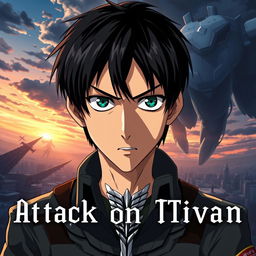 A striking poster featuring Eren Jaeger from Attack on Titan, showcasing his determined expression with his trademark short black hair and green eyes