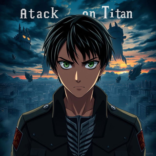 A striking poster featuring Eren Jaeger from Attack on Titan, showcasing his determined expression with his trademark short black hair and green eyes