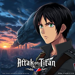 A striking poster featuring Eren Jaeger from Attack on Titan, showcasing his determined expression with his trademark short black hair and green eyes
