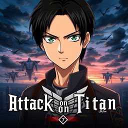 A striking poster featuring Eren Jaeger from Attack on Titan, showcasing his determined expression with his trademark short black hair and green eyes