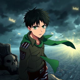 Eren Jaeger, a determined young warrior with wild dark green eyes and short, tousled dark hair, wearing a military uniform from the anime series Attack on Titan