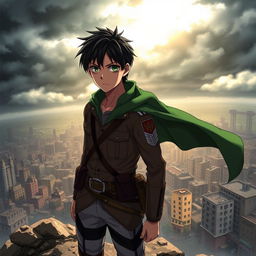 Eren Jaeger, a determined young warrior with wild dark green eyes and short, tousled dark hair, wearing a military uniform from the anime series Attack on Titan